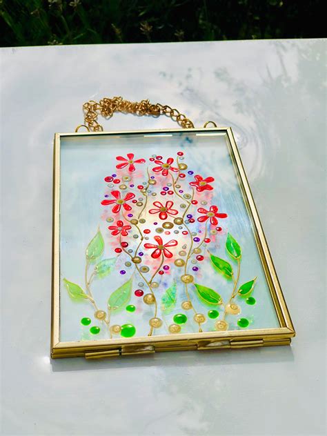 Framed Glass Painting Painted Pressed Flowers Herbarium Art Etsy