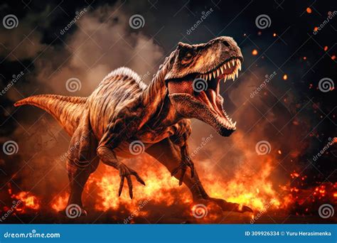 A Terrible Dinosaur Tyrannosaurus T Rex With An Open Huge Mouth Against