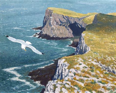 An Oil Painting Of A Seagull Flying Over The Ocean With Cliffs In The