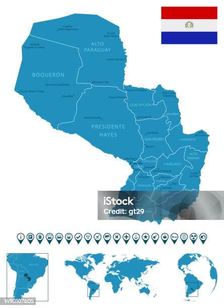 パラグアイ 都市地域世界地図と地球上の位置と詳細な青い国の地図 アイコンのベクターアート素材や画像を多数ご用意 アイコン アイコン