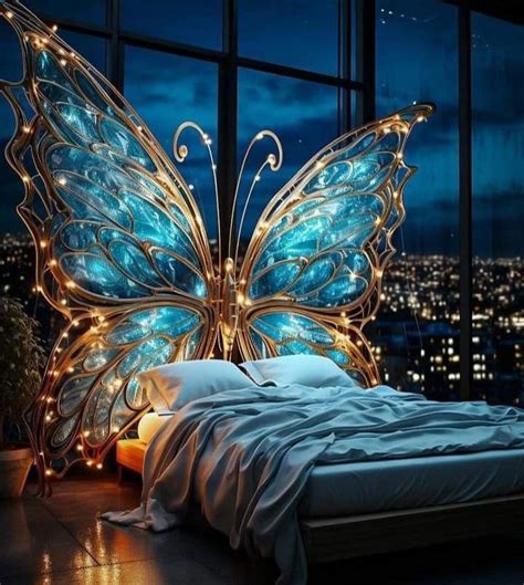 A Large Butterfly Sitting On Top Of A Bed Next To A Night Sky View Window