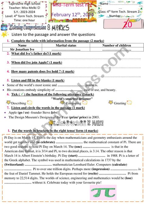 Th Form Mid Term Test Esl Worksheet By English Teacher