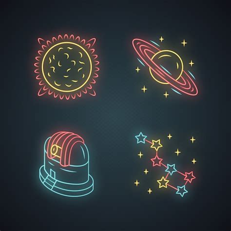 Conjunto de iconos de luz de neón de astronomía Vector Premium