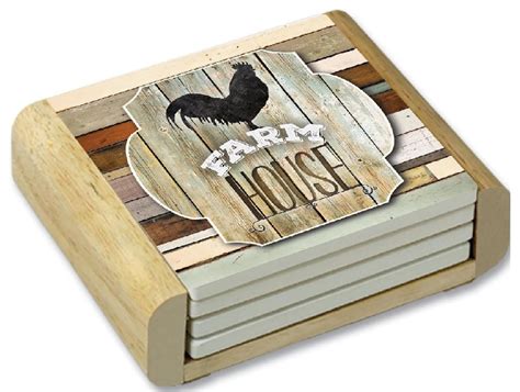 Stone Coasters Wood Holder Farmhouse Rooster Set Of 4 Farmhouse