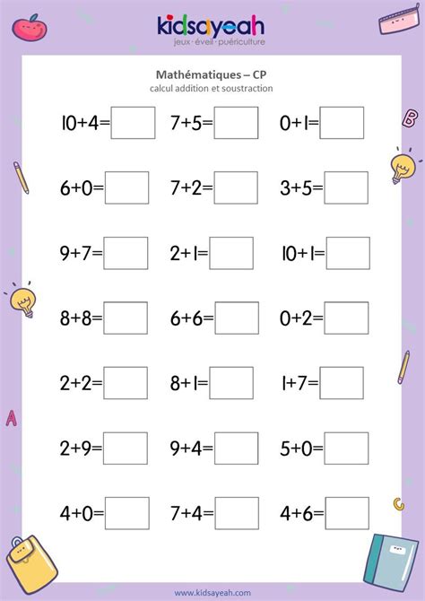 Exercice de l addition de 0 à 10 pour enfants de CP Kidsayeah