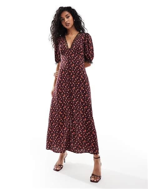 Miss Selfridge Maxi Tea Dress In Burgundy Floral Asos