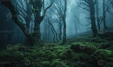 Ai Generated Mysterious Dark Forest With Mossy Trees And Fog In The