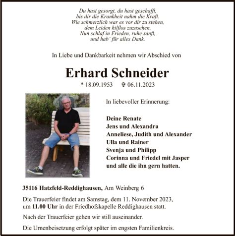 Traueranzeigen Von Erhard Schneider Trauer Hna De