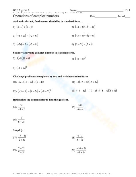 Operations Of Complex Numbers Worksheet