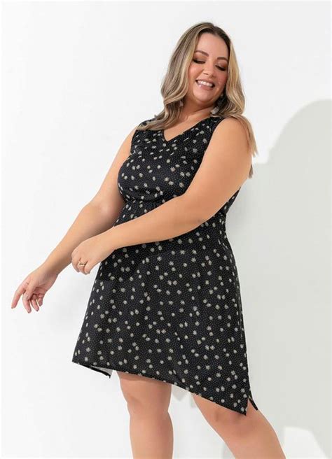 Vestido Floral Preto Com Pontas Plus Size Marguerite