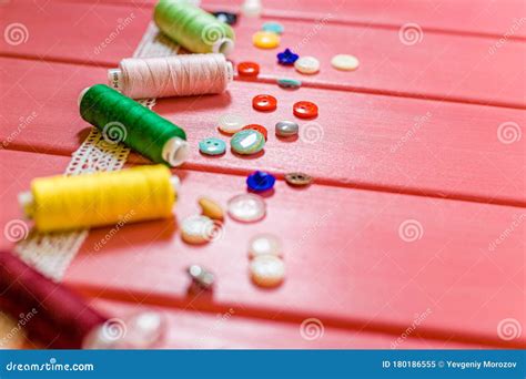 Set Of Tailoring Tools And Accessories On Table Stock Image Image Of