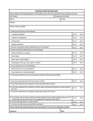 10 Employee Health Questionnaire Templates In PDF DOC