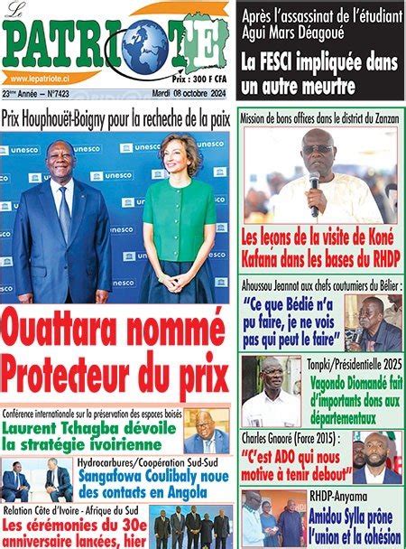 Titrologie De Le Patriote N Du Mardi Octobre Abidjan Net