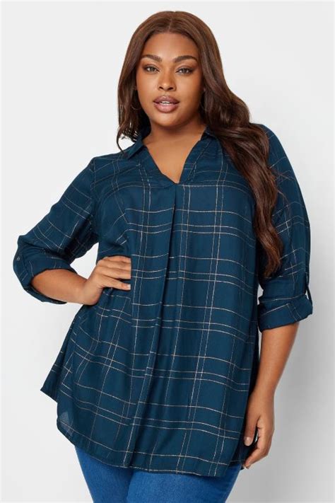 Yours Curve Plus Size Navy Blue Gold Check Print Shirt Yours Clothing