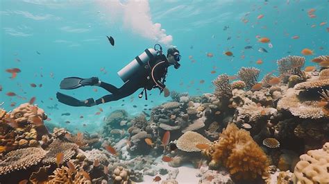 Premium Photo | Underwater view of a scuba diver exploring a coral reef ...