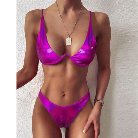 Conjunto De Bikini De Cuero Con Sujetador Acolchado Para Mujer Traje