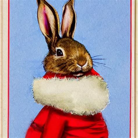 A Christmas Card Of A Rabbit Dressed As Santa In The Stable