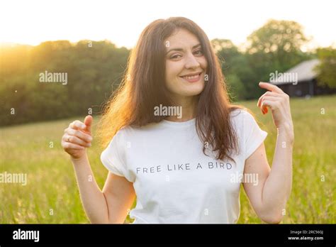 Brunette Woman Shows Her Palms Ten Fingers Raising Her Hands Up Stock Photo Alamy