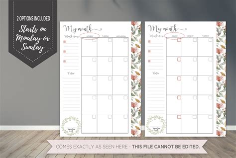 Floral Monthly Planner Insert Printable Month Overview On Two Etsy