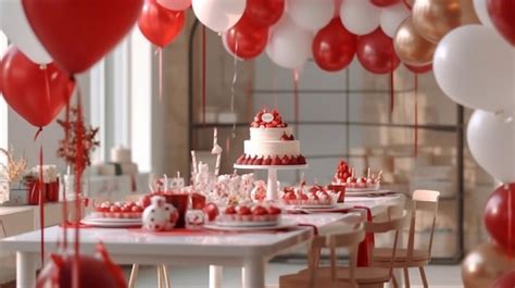 Premium AI Image | Birthday Party with Red and White Balloons Theme Concept