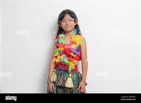 Year Old Latina Brunette Girl With Glasses And Hawaiian Skirt Enjoys