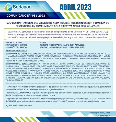 Arequipa Sedapar Programa Cortes De Agua Escalonados En 3 Distritos