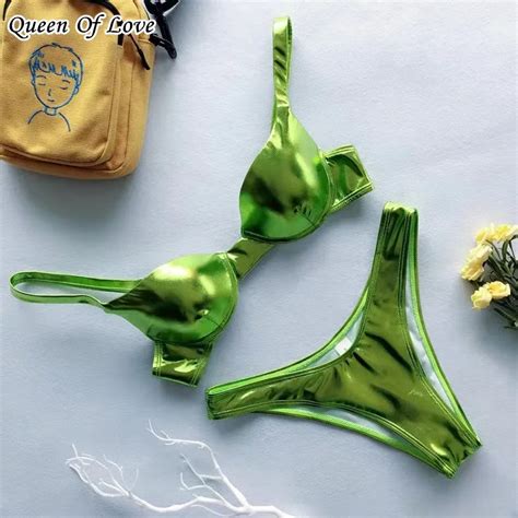 Bikini Verde De Cuero Pu Para Mujer Traje De Ba O De Dos Piezas Con Realce