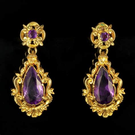 Antique Victorian Ct Gold Amethyst Drop Earrings Circa