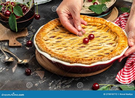 Delicious Homemade Cherry Pie Flaky Crust Piece On A Plate And The