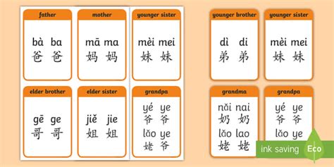 Family Member Words in Mandarin Chinese Flashcards English/Mandarin Chinese