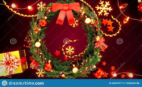 Red Christmas Backdrop With Present And Garlands Abstract 3d