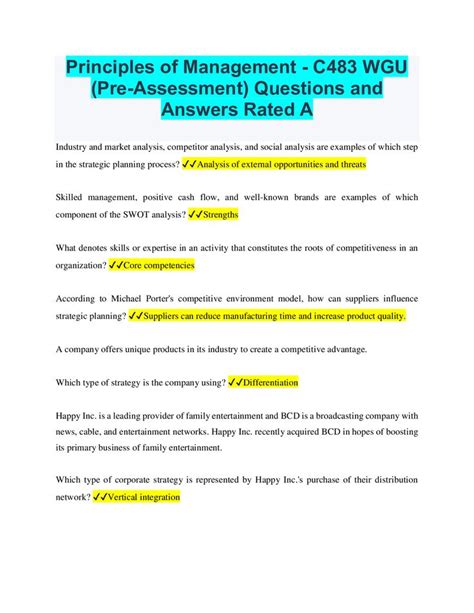 Principles Of Management C Wgu Pre Assessment Questions And