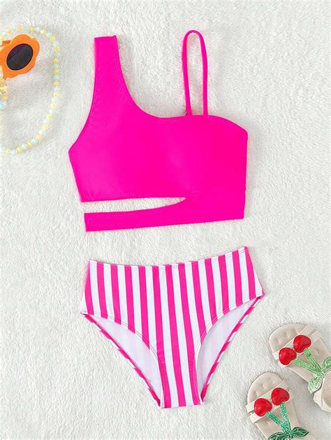 Conjunto de bikini asimétrico con cortes para niña preadolescente a