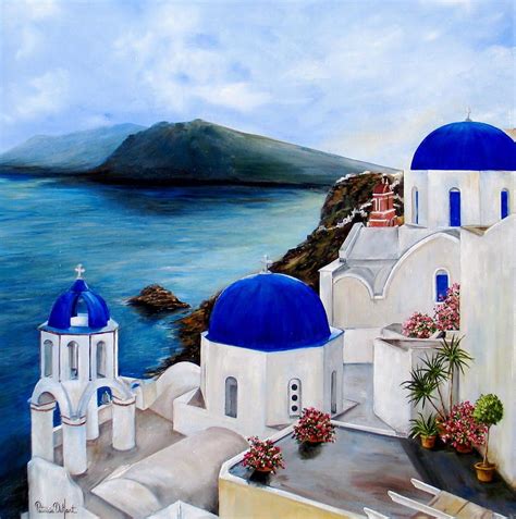 Santorini Painting For Over Fireplace With Cobalt Blue Colors To Match