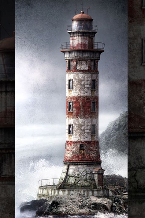 a painting of a lighthouse in the middle of the ocean with waves ...