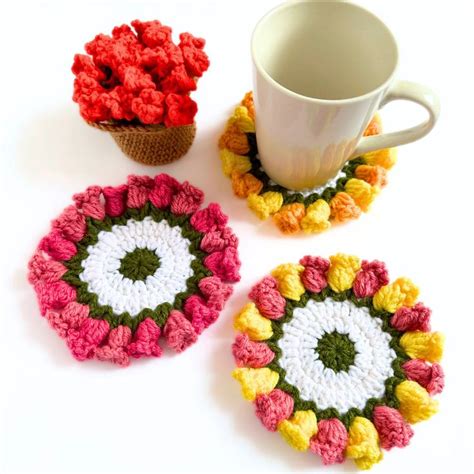 Crochet Pattern Flower Pot Coaster Set Crochet Pattern Flower Bouquet