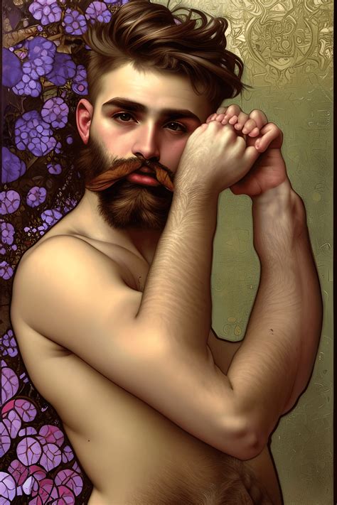 Alphonse Mucha Inspired Hyper Realistic Oil Painting Of A Bearded Gay