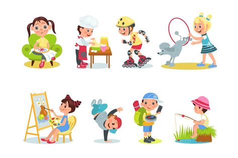 Children hobbies. Cartoon kids characters with different int