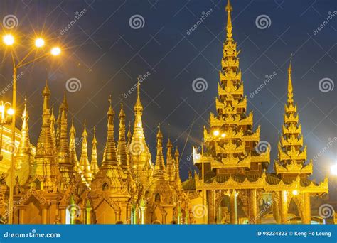 Shwedagon Pagoda at night stock image. Image of ancient - 98234823