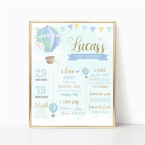 St Birthday Milestone Poster Hot Air Balloon Party Birthday Poster Blue Balloon Birthday Sign