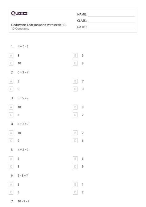 Ponad 50 Dodawanie W Zakresie Do 10 Arkuszy W Quizizz Darmowe I Do Druku