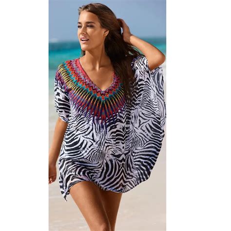 2017 Beach Dress Kaftan Beach Sarongs Sexy V Neck Cover Up Leopard Bat