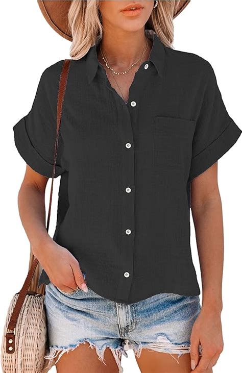 Shebote Womens Short Sleeve Cotton Button Down Up Shirt Collared V Neck