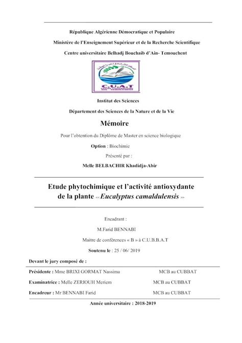 Pdf M Moire Etude Phytochimique Et Lactivit Pmb Int Cuniv