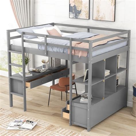 Full Size Loft Bed With Built In Desk With Multi Drawers And Storage Shelves Bed Bath And Beyond