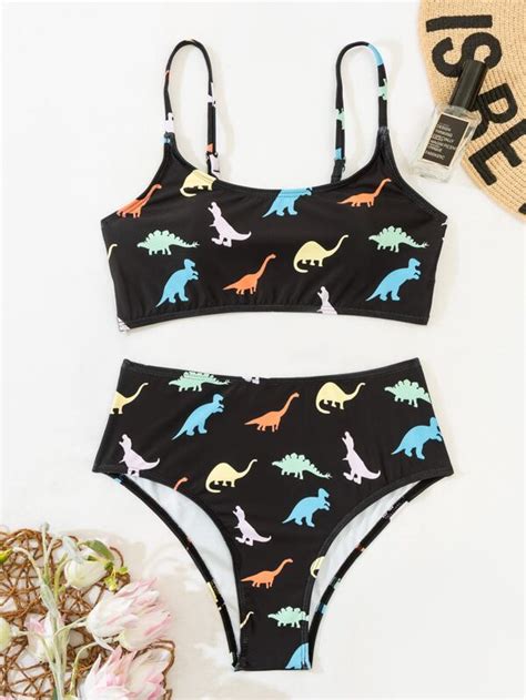 SHEIN Swim Mod Random Dinosaur Print Bikini Set Wireless Bra Top High Waisted Bikini Bottom 2