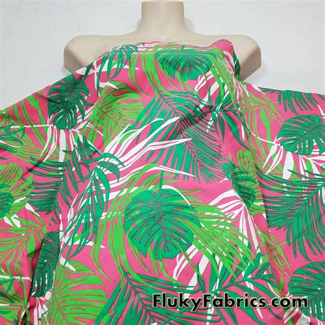 Tropical Leaves Print On Hot Pink Swimsuit Nylon Spandex Fabric FlukyFabrics