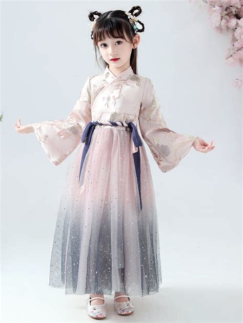 Girls Floral Embroidery Mesh Overlay Chinese Hanfu Dress | SHEIN USA