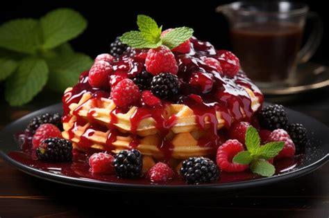 Premium Ai Image Golden Waffles With Red Fruits And Raspberry Syrup