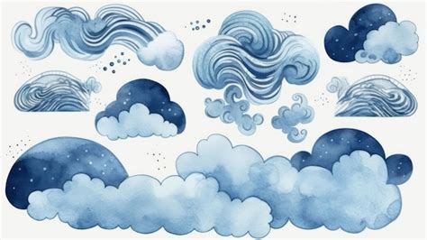 A set of blue clouds with rain drops on them | Premium AI-generated image